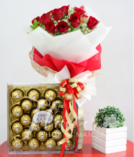 1 Dozen Red Roses and 24 pcs. Ferrero