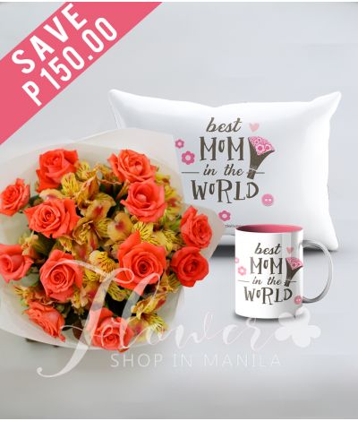 1 Dozen Peach Roses with Mug and Pillow for Mom