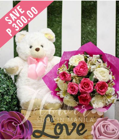 1 Dozen Pink and White Roses with Bear