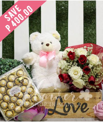 1 Dozen Red and White Roses with Bear and Ferrero