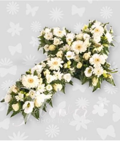 Casket of cross white flowers