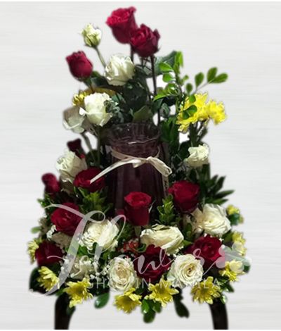 Beautiful Red and White Roses Urn Flower Arrangement